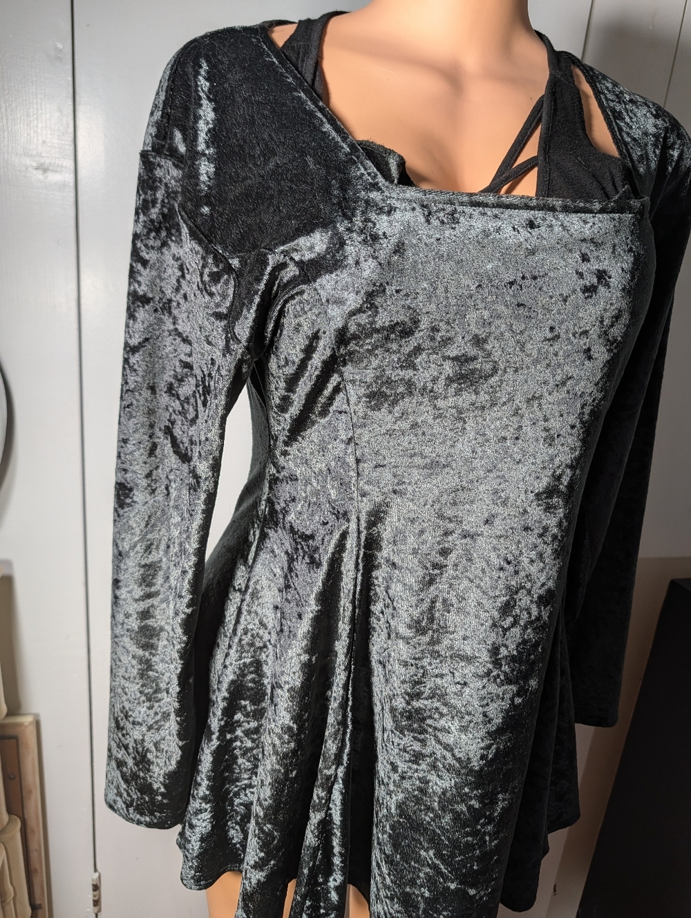 Diego 2 Crushed Velvet Long-Sleeve Fit & Flare Dress - Slate Gray Size L - Picture 1 of 8